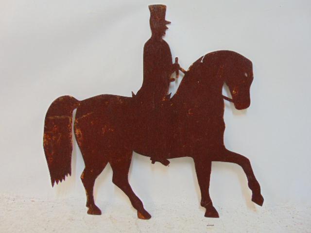 Sheet metal weathervane, figure on horseback, rusted, weathervane is 29.25" tall, width is 30" (1 of 4)