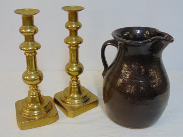 Redware batter jug & pair brass candlesticks, jug is 10.25" tall, brass sticks are 12.5" tall, jug (1 of 5)