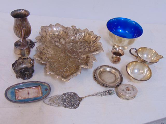 Lot sterling silver, hollow & flatware, various cups, enameled bowl, salts, leaf dish & more (1 of 5)