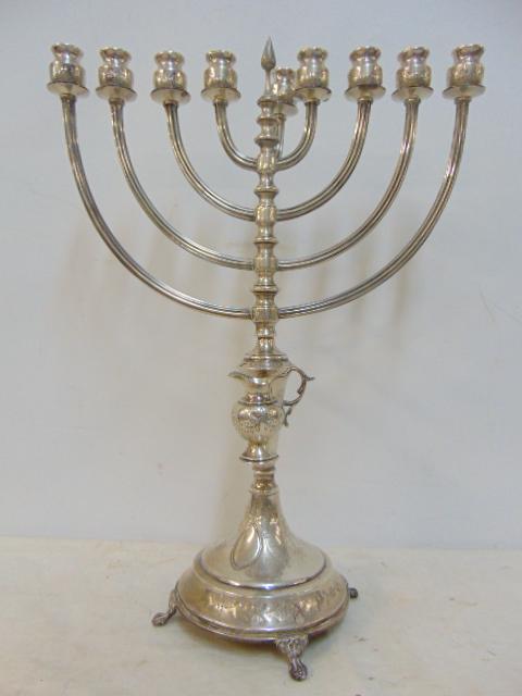 Silver Menorah, claw feet, tests silver, no marks, height is 20", 15" wide at top, Judaica: Silver Menorah, claw feet, tests silver, no marks, height is 20", 15" wide at top, Judaica