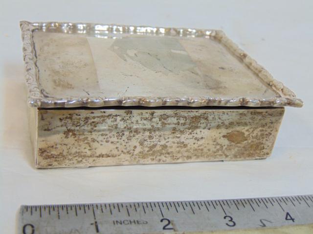 Sterling silver box, wood interior lines, decorative edge, box is 4.5" by 3.75", height is 1.25" (1 of 4)