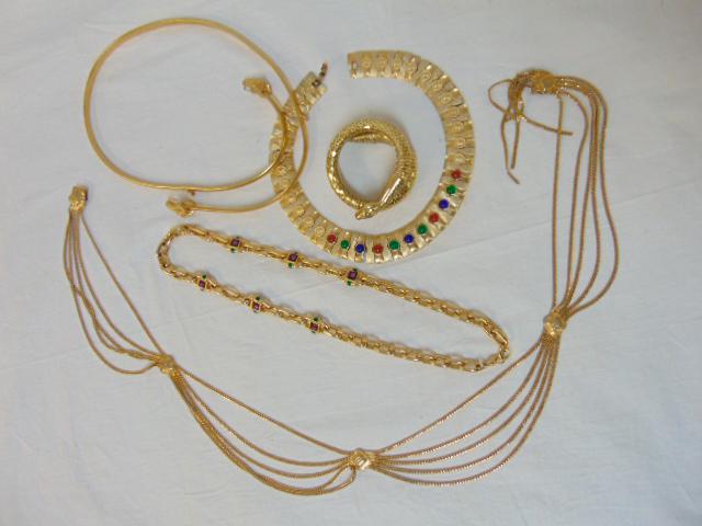 Costume Jewelry lot Whiting & Davis snake bracelet; Egyptian gold tone cabochon stone necklace; (1 of 14)