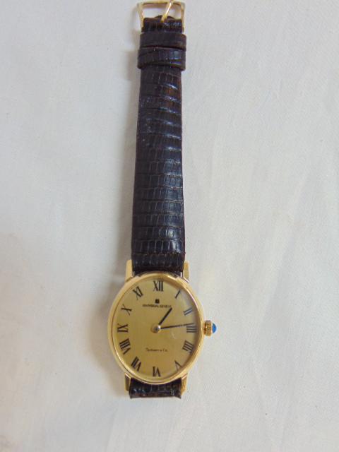 Tiffany 18K ladies wrist watch, Universal Geneve, leather band, back engraved. (1 of 6)