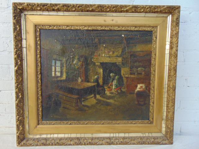 Painting, interior scene, signed R. Deschamps, oil on canvas, two figures by fireplace in small (1 of 7)