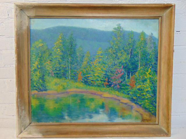 Painting, landscape, Michel Jacobs, 1927, oil on canvas, trees on edge of a pond, small lake, frame (1 of 5)