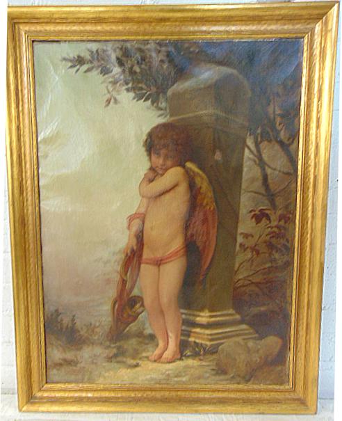 Painting, putti, cupid, Leon Job Vernert, oil on canvas, 29" by 21.5", several old patch repairs: Painting, putti, cupid, Leon Job Vernert, oil on canvas, 29" by 21.5", several old patch repairs