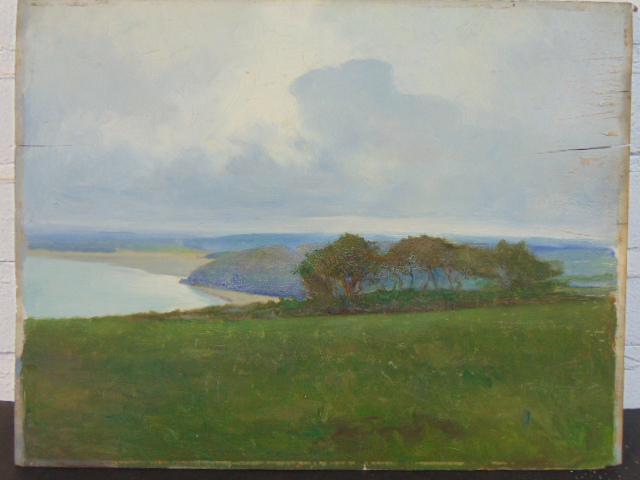 Painting, landscape, oil on wood panel, unsigned, landscape with sweeping mountain views, lake, some (1 of 5)