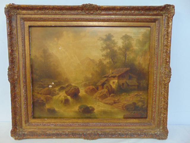 Painting, watermill by stream, F. Roger, oil on wood panel, needs cleaning, two small paint chips, (1 of 7)