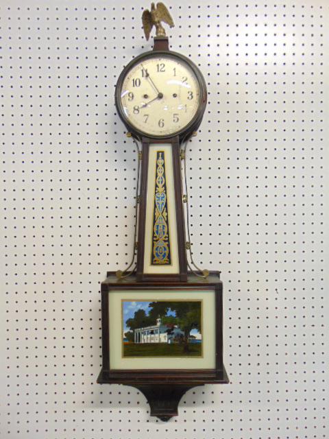 New Haven Banjo Clock, with reverse painted bottom panel, mahogany case, eagle finial (bent), spring (1 of 7)