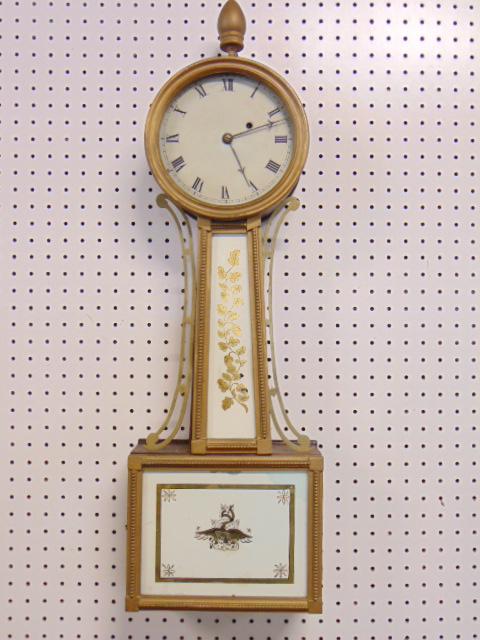 Banjo clock, weight driven, with gilt reverse painted decorations, gilt detail, clock is 33" (1 of 7)