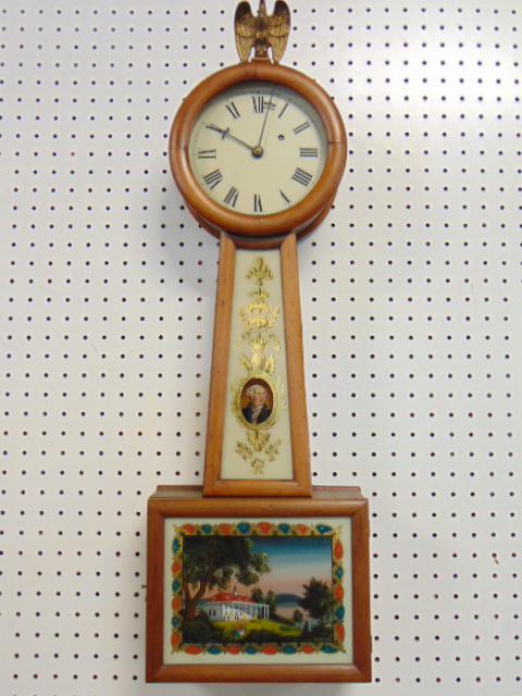 Banjo clock, weight driven with George Washington reverse painted decoration, eagle finial, bottom (1 of 7)