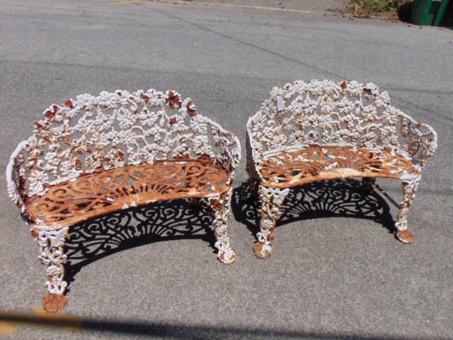 Pair grape pattern iron garden benches, old white paint, some rust, benches are 38" long, 13" deep, (1 of 5)
