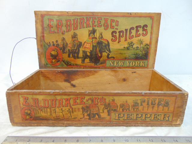 E.R. Durkee & Co spice box with original decals, vintage wood spice box, 16" by 7.75"height is 4" (1 of 5)