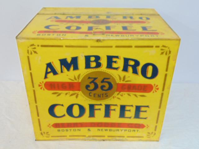 Tin painted coffee bin, "Ambero Coffee", Boston & Newburyport, bin is 19.25" by 14.5" by 17". (1 of 4)