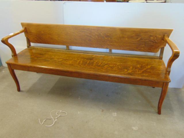 Long oak bench with armrests, oak seat & back, bench is 6 feet long. (1 of 5)
