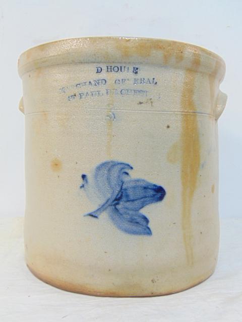 Stoneware crock, D. Houle, Marchand General, St Paul de Chester, #3 with simple blue floral (1 of 6)