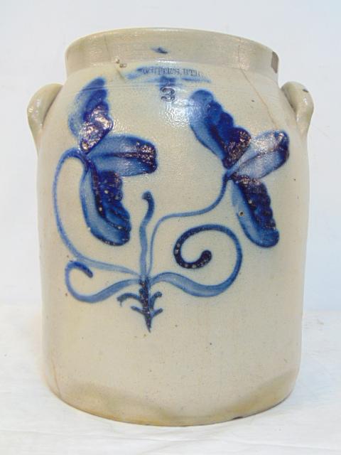 Stoneware crock, White's Utica #3, unusual shape, ovoid top, round bottom, with double flower floral (1 of 6)
