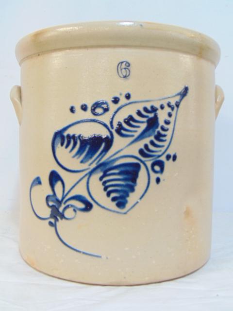 Large stoneware crock, #6, with leave, flower decoration, no name, maker, 13.25" tall, diameter is (1 of 5)