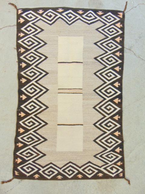 Small native American Navajo rug, weaving, beige brown, pattern border, crystal style, 47" by 30.5" (1 of 4)