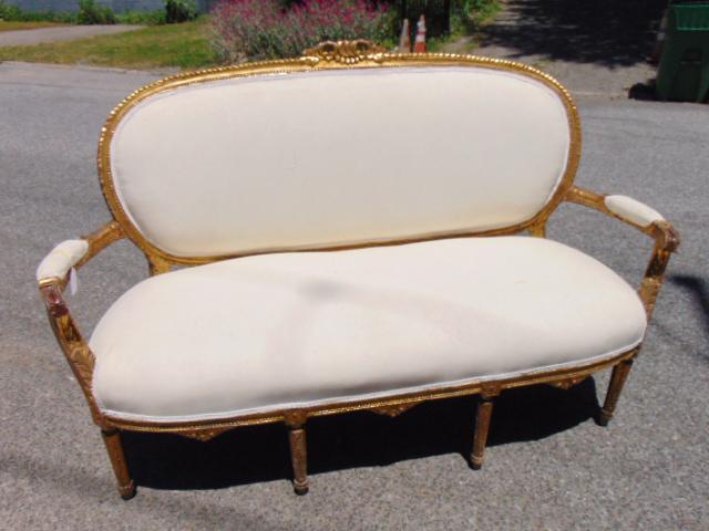 French gilt & carved wood settee, white upholstery, carved detail, settee is 63.5" long, 20" deep (1 of 5)