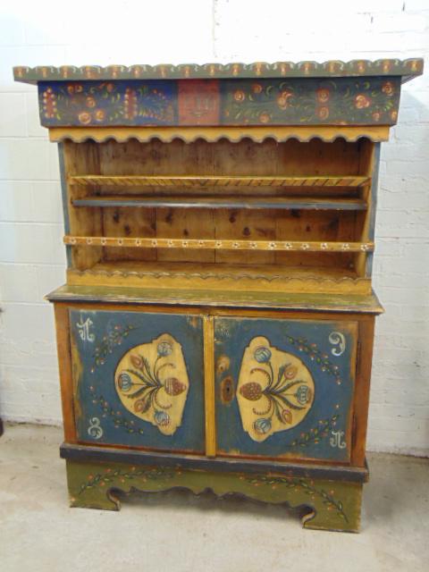 Paint decorated cupboard with gallery over door, floral paint decorated (Swedish?), cabinet is (1 of 5)