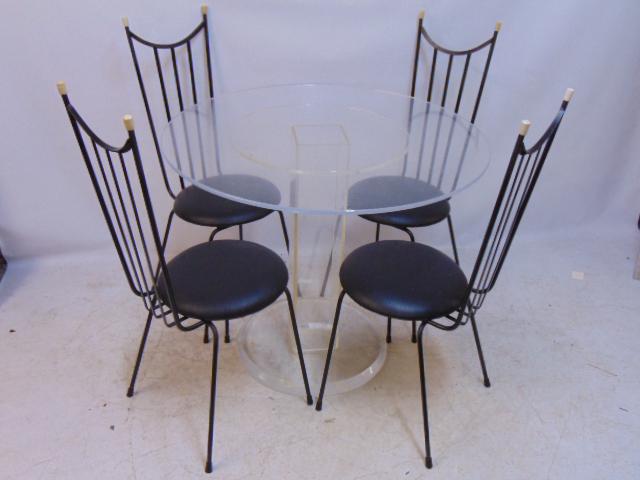 Lucite base & top dinette table with 4 iron chairs, chairs in black, MCM design, table is 36" in (1 of 5)