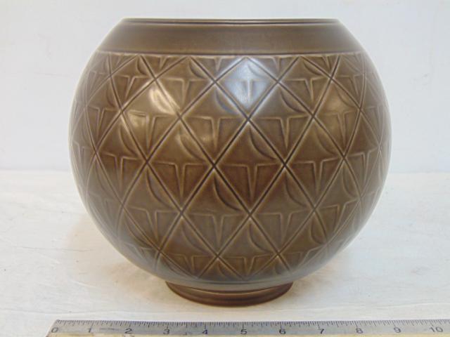 Danish pottery vase, with geometric pattern, in brown, marked Denmark with beehive, vase is 8" tall, (1 of 4)