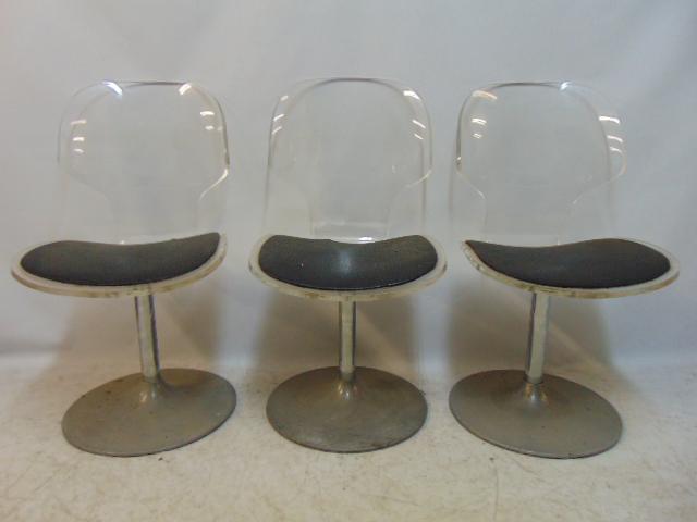 3 Lucite, aluminum base chairs, single pedestal style with black seats, molded Lucite. (1 of 5)