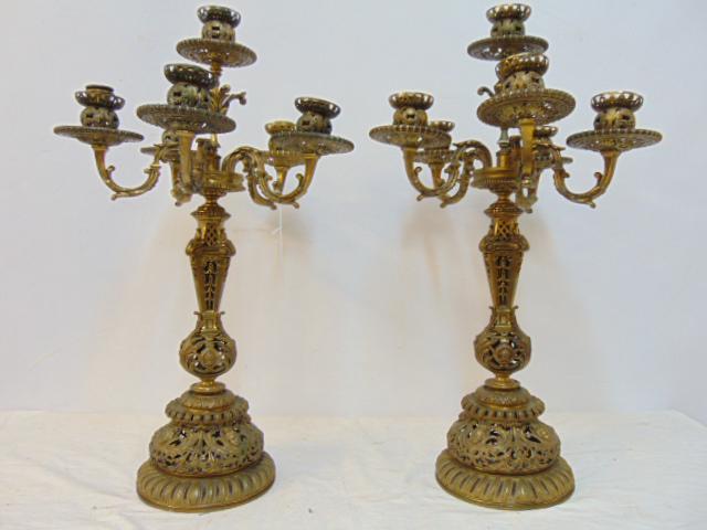 Pair large bronze candelabra, 5 arms & center, decorated with heads, height is 25.5" (1 of 6)