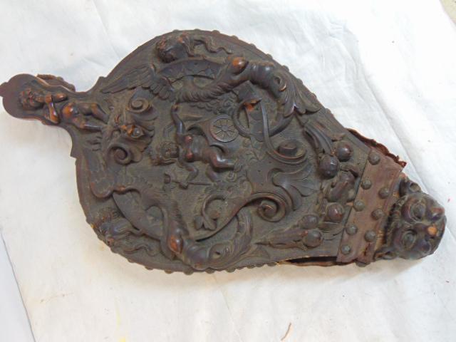 Carved wood bellows, with carved putti, figures, spout missing, 21" (1 of 6)