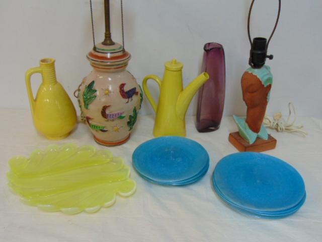 Lot glass, ceramics, plates, lighting, pitcher, includes 9 blue glass plates, yellow glass tray, (1 of 7)
