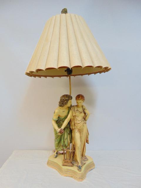 Large spelter figural lamp, painted, 2 women, with shade, height is 44.5", total height. (1 of 5)