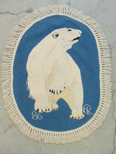 Hooked rug, polar bear, by Florence Hamilton Richardson Rich, Provincetown, with addition bio on: Hooked rug, polar bear, by Florence Hamilton Richardson Rich, Provincetown, with addition bio on artist, rug is 43" by 33", dated 1986