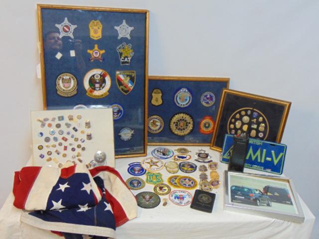 White house flown US flag & secret service badges, includes 3 framed collages with various patches, (1 of 16)