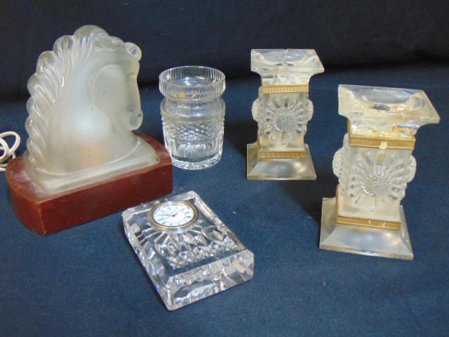 Art glass lot, Lalique, Waterford, includes pair Lalique floral decorated candle holders with brass: Art glass lot, Lalique, Waterford, includes pair Lalique floral decorated candle holders with brass trim (both damaged, cracked), small Waterford clock, small jar & frosted glass horse head lamp, edge