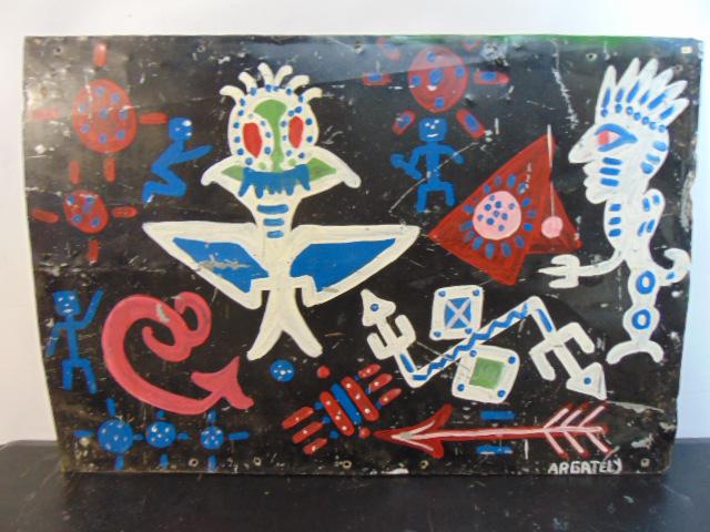 Painting, by Argately, outsider art, native American images, "Jesus Loves us all" on reverse,: Painting, by Argately, outsider art, native American images, "Jesus Loves us all" on reverse, painted on metal, 24" by 35.25"