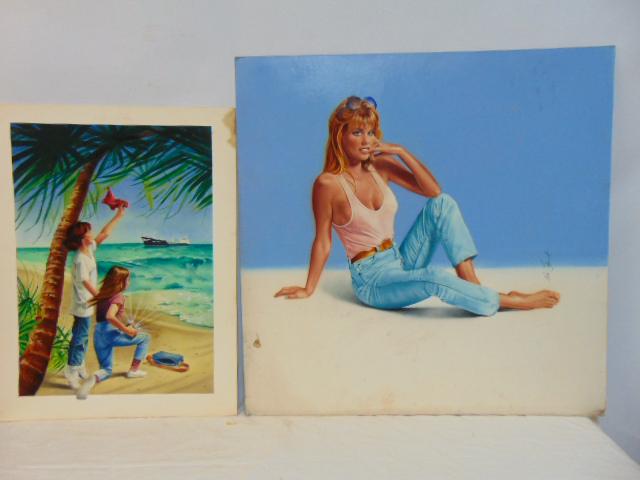2 illustrations, Bill Schmidt, "Stranded" & woman in tank top, stranded shows two figures on a beach (1 of 8)