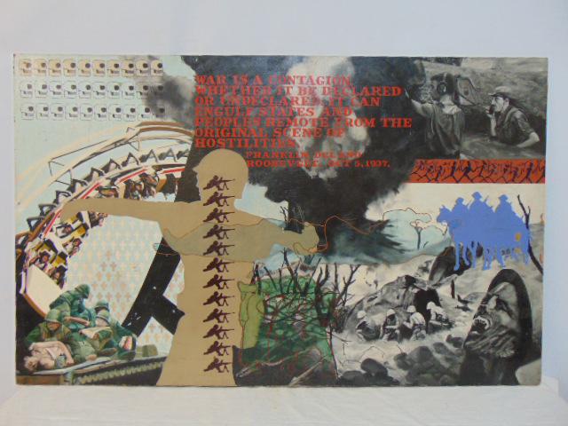 Painting, collage, "War is a Contagion", oil on masonite, unsigned, collage of various scenes of (1 of 9)