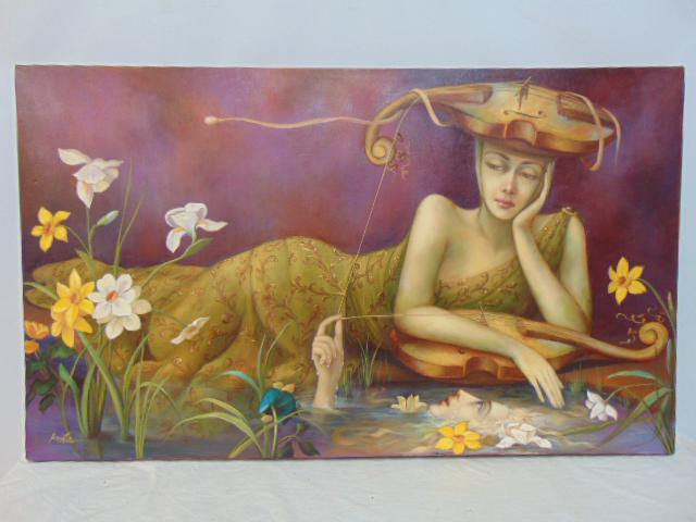 Painting, lady with violins, Armando Martinez, surreal portrait of reclined lady with several (1 of 7)