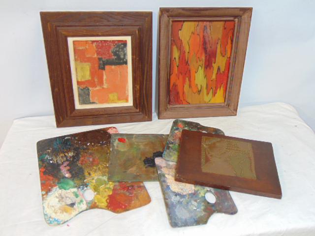 Art lot, Helen Pasik Brown, includes artist palettes, 2 abstract oils & copper plaque on wood panel. (1 of 9)
