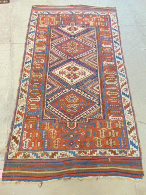 Afshar Persian carpet, 3 diamonds in center, carpet is 8'7" by 4'9" (1 of 7)
