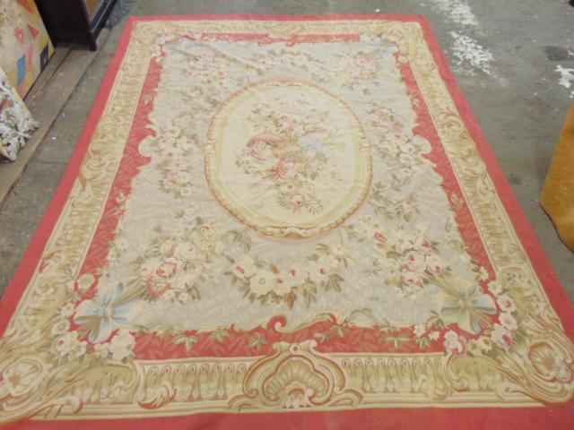 Needlepoint Aubusson carpet, floral decorated, red border, rug is 10' by 7'9" (1 of 8)