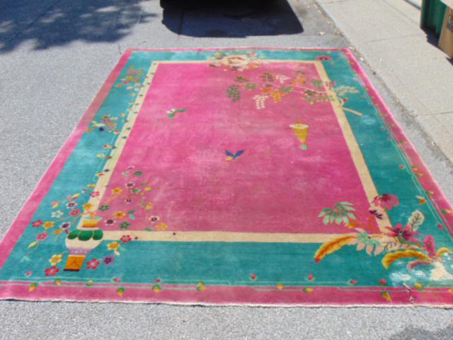 Deco Chinese rug green & red, room size, 11'4" by 8'9", as is, has rot on one corner. (1 of 7)