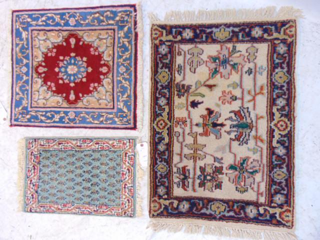 3 small scatter rugs, Kerman, 22" by 24"; 35" by 24" Serapy & small 21" by 14" blue rug. (1 of 4)