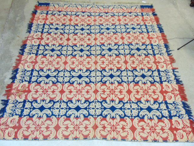 Red & blue jacquard, coverlet, 1838, by Benjamin Lichty Bristol, Ohio, 82" by 73", with floral, bird (1 of 4)