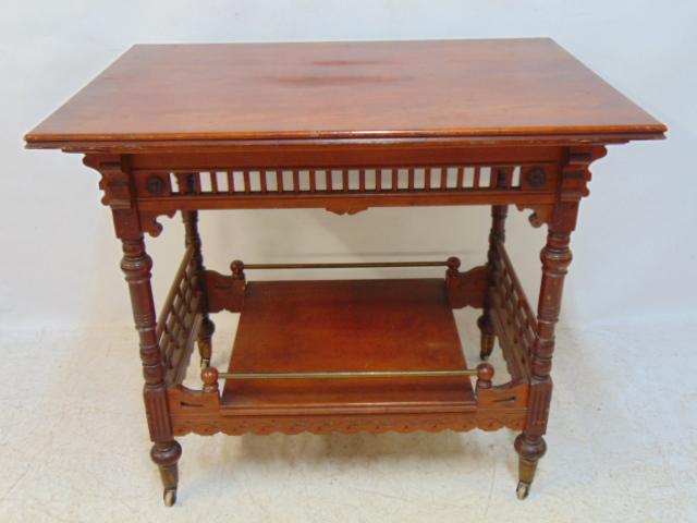 Victorian mahogany table with lower shelf & carved skirt, table is 34" by 23.75", height is 29.75" (1 of 5)