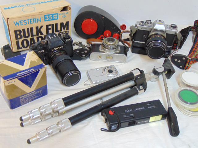 Lot of cameras & camera accessories, Kodak 35 camera, Contax RTS 35mm; Yashica FR 35mm with motor (1 of 9)