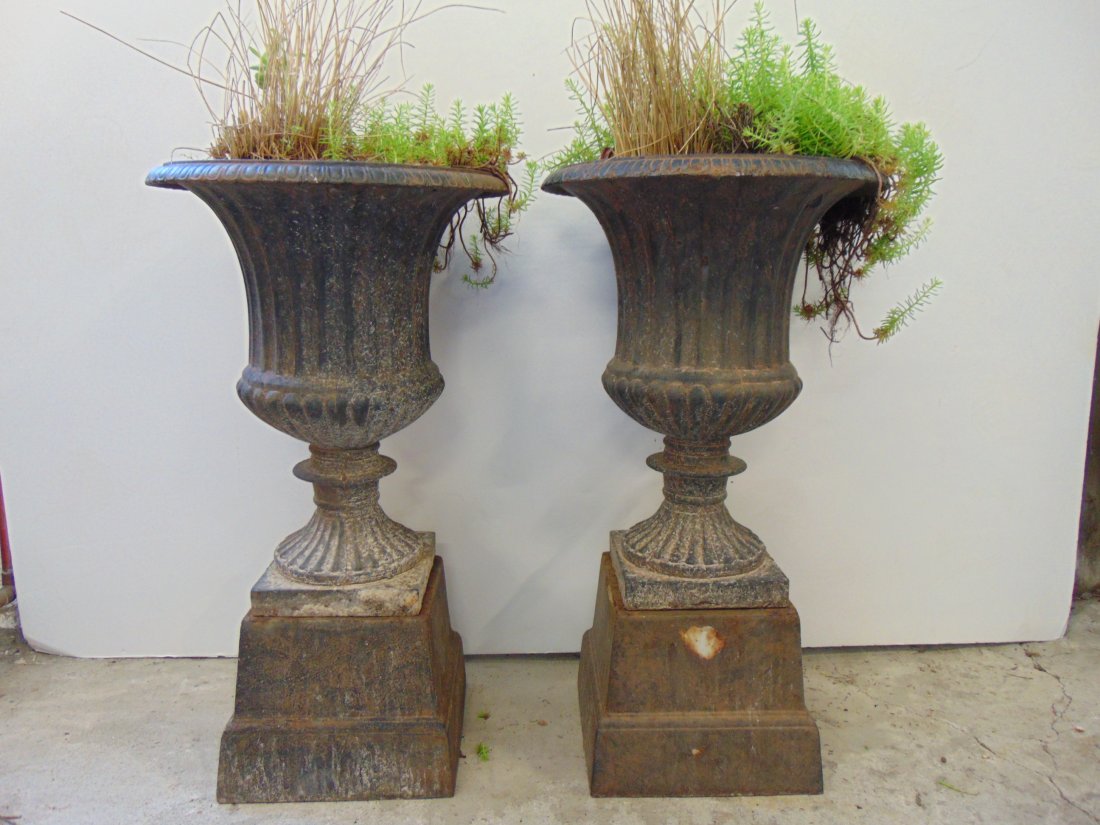 Pair cast iron garden urns, Victorian, on plinths, urns are 26.5" tall. (1 of 4)