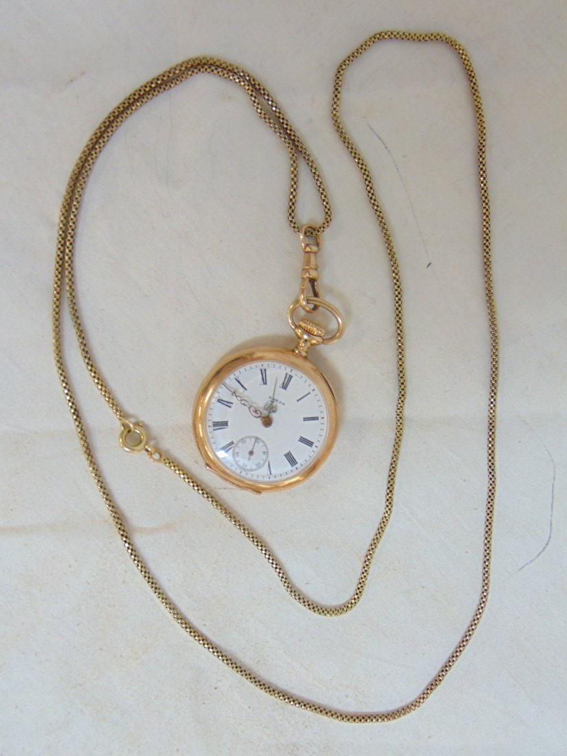 Omega pocket watch 14K case with 14K box chain, chain is 30", runs, cases engraved with monogram (1 of 6)