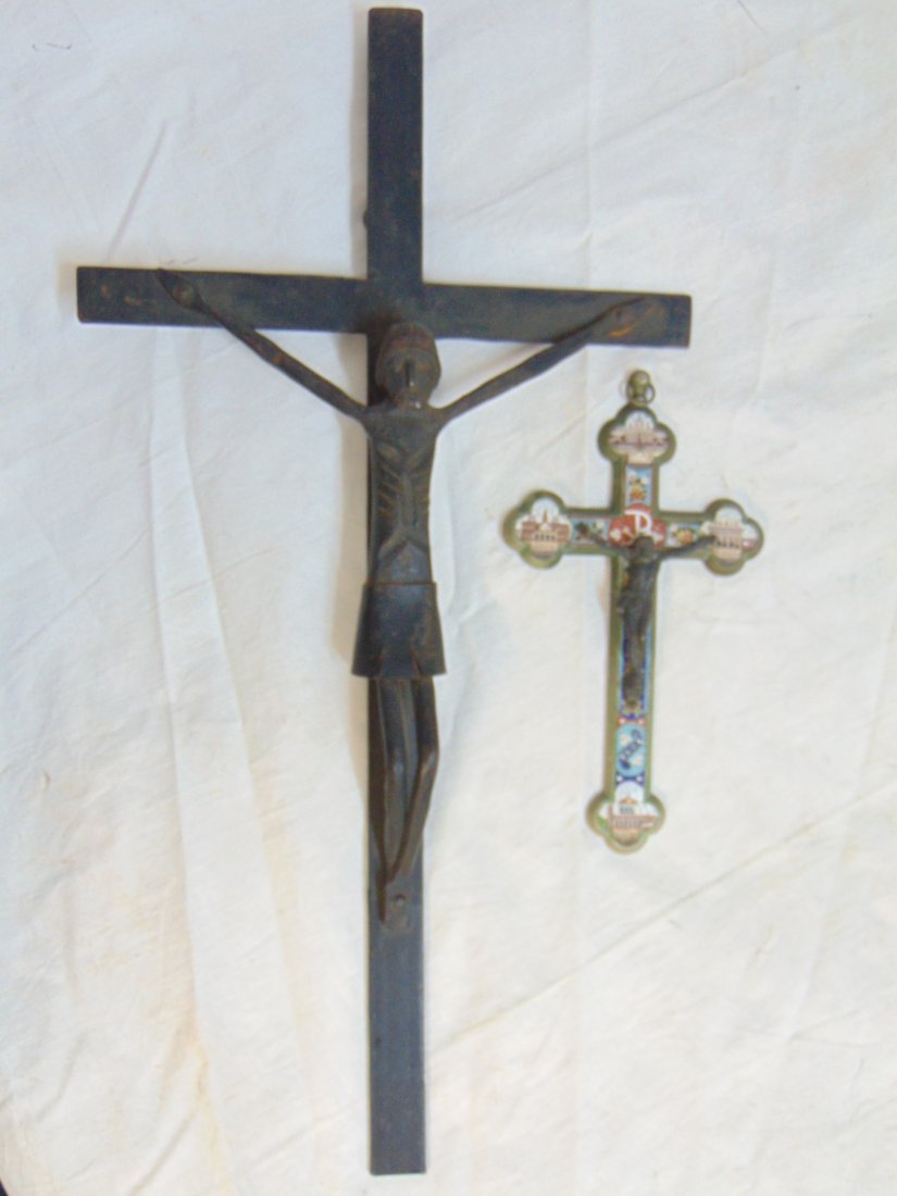 2 crucifixes, micro mosaic grand tour cross with various Rome scenes & larger wrought iron crucifix, (1 of 11)